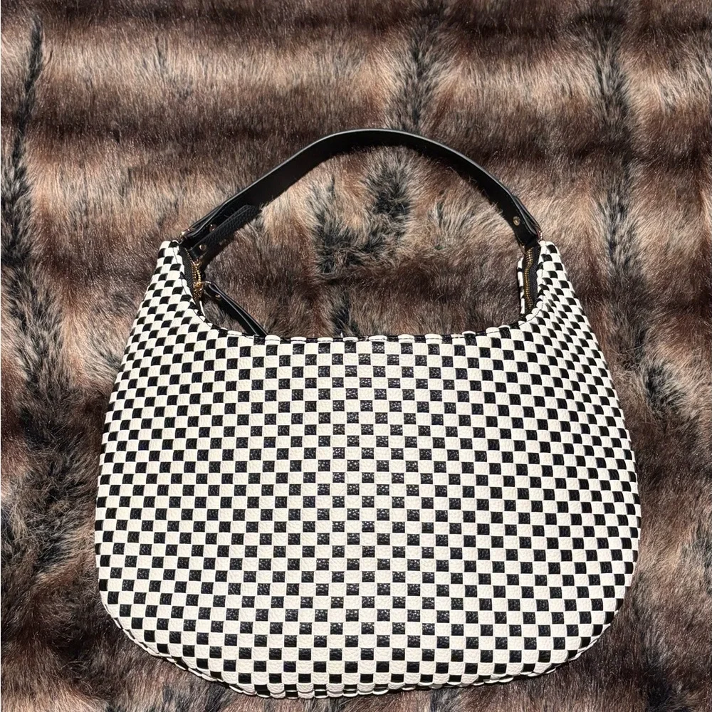 Ah-dorned Black and White Checkered Hobo Shoulder Bag